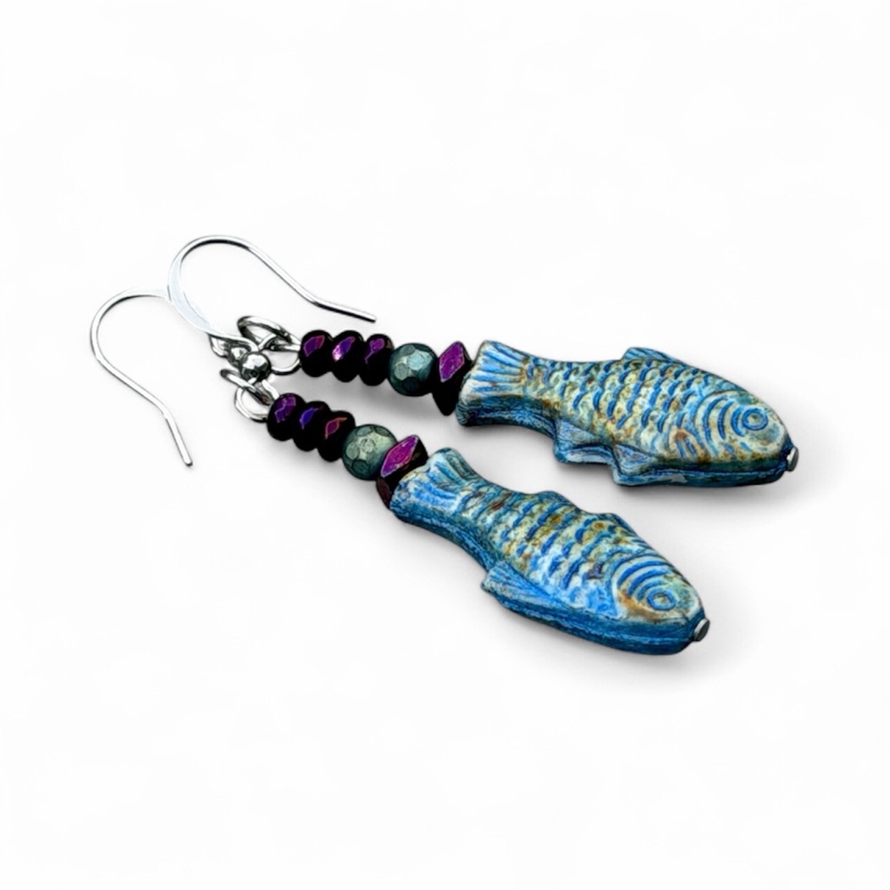 Handcrafted Blue Fish Dangle Earrings - Picture 3 of 7